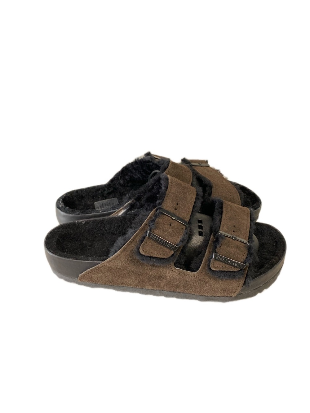 Birkenstock New Arizona Shearling Mocha/Black Suede Exquisite (Narrow Width)